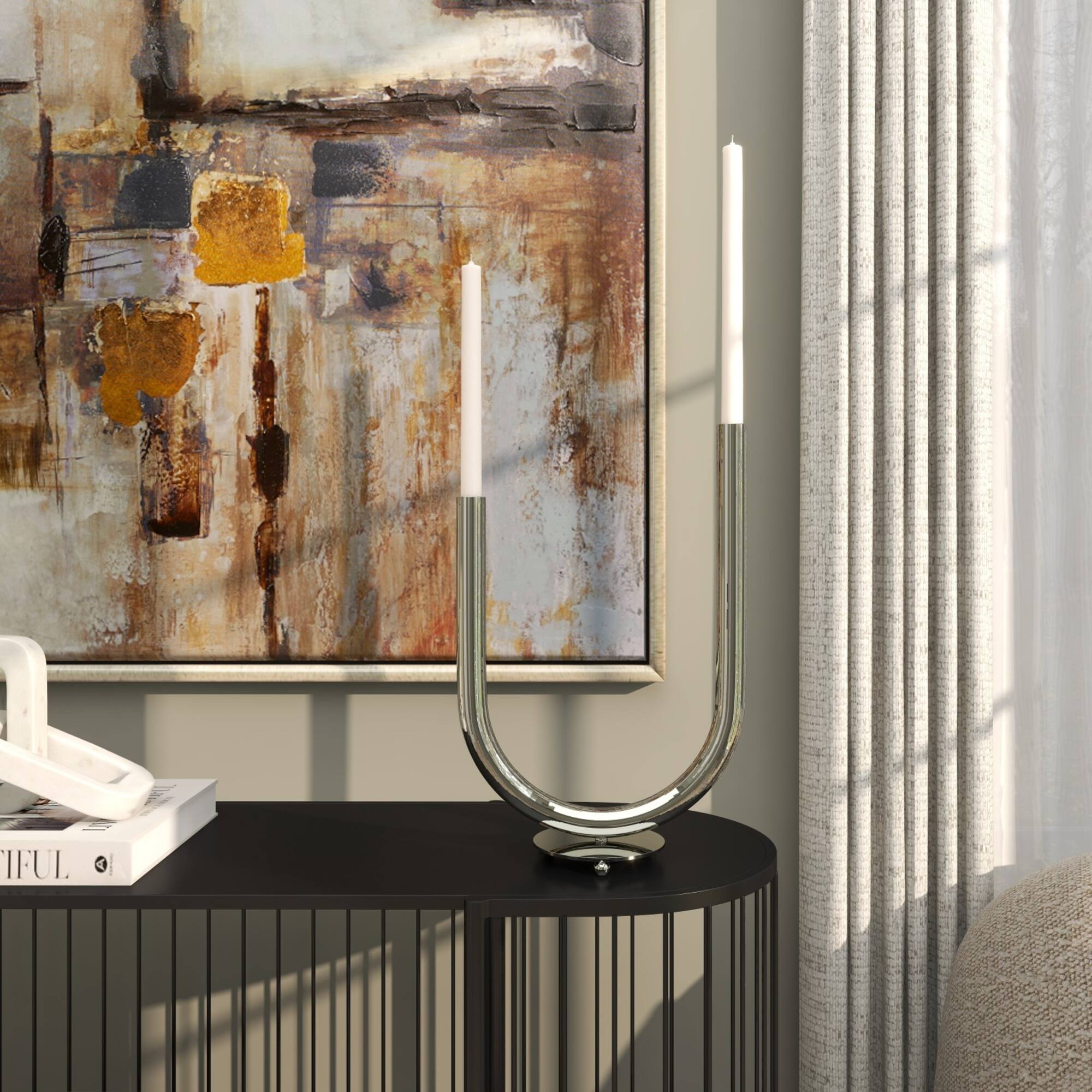 14" Silver Stainless Steel Abstract U-Shaped Candelabra
